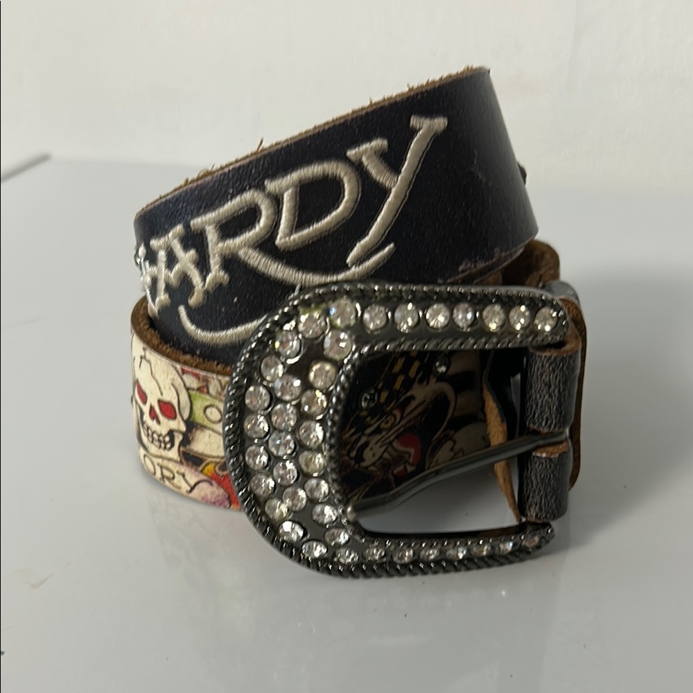 Ed Hardy Genuine Leather Rhinestone Belt Y2K Tattoo Skull Size S